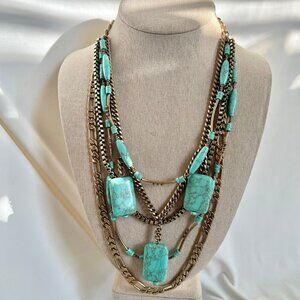 Gold Tone Boho Style Turquoise Color Stone Layer Statement Costume Necklace